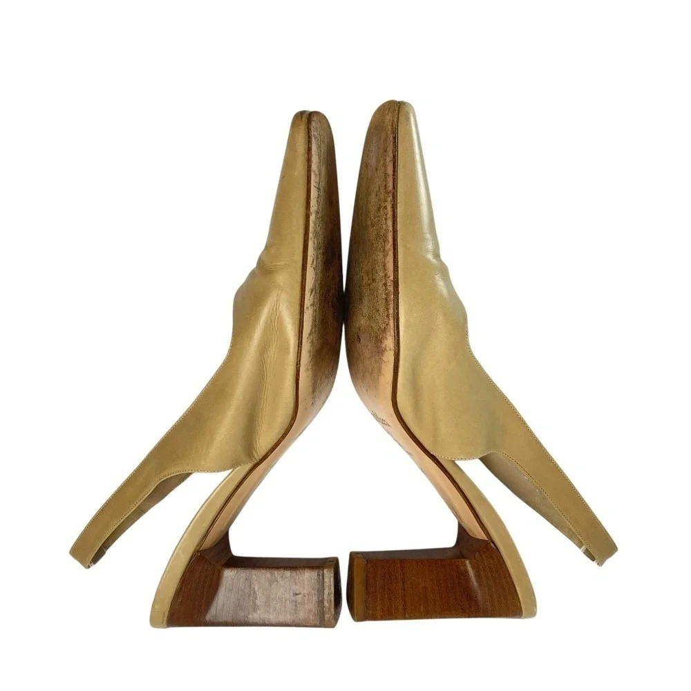 MAX MARA - Slingback Leather Sandals Block Heel Beige Size 38.5